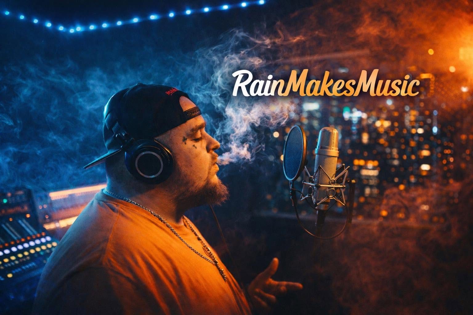 RainMakesMusic at the mic in a smoke-filled studio, city lights behind